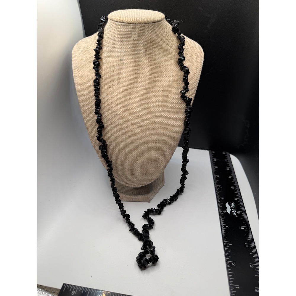 Vintage Black Onyx Chip Bead Necklace Long Continuous Strand Natural Stone 32"